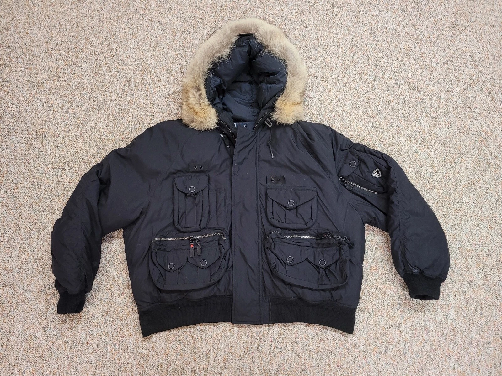 Polo Ralph Lauren Jacket Mens 2XL Black Military Flight Bomber Coyote Fur Hood