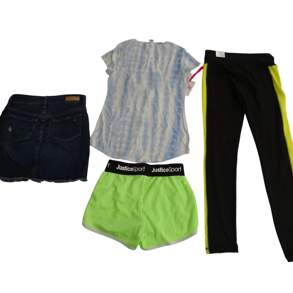 Lot of 4 Justice Shirt Daisy Leggings Neon Shorts Denim Skirt Girls Sizes M 10 - Image 2 of 4