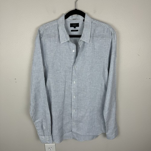 Vince Mens Linen Stripe Long Sleeve Button Down Shirt Size L Classic Fit Blue