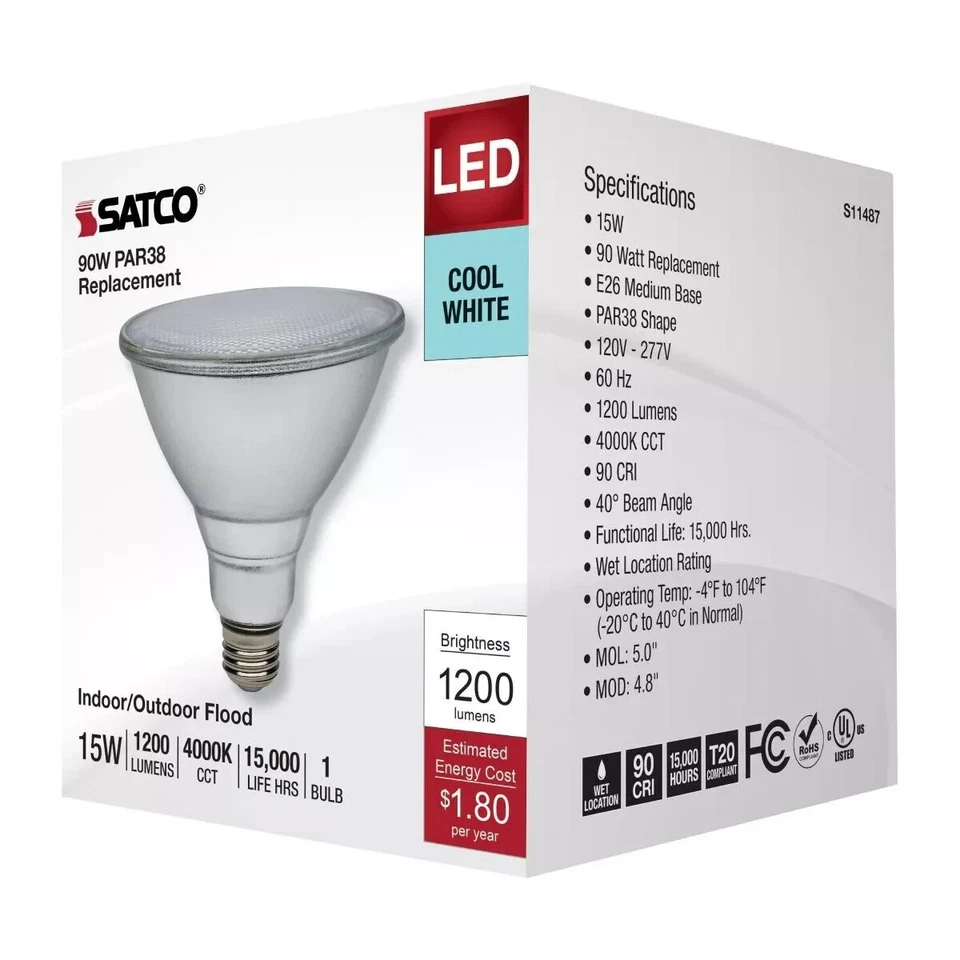 Satco S11487 - 15 Watt PAR38 LED Light Bulbs - 4000K  (2, 6 or 12 Pack) - Image 3 of 4
