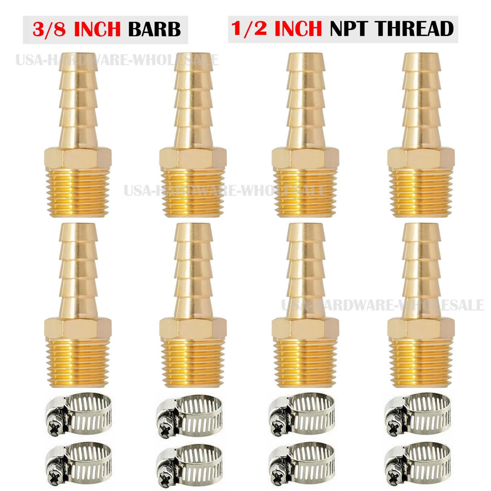 (8 Pack) 3/8" Hose Barb X 1/2" MALE NPT Brass Pipe Fitting NPT Thread + Clamps