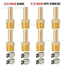 (8 Pack) 3/8" Hose Barb X 1/2" MALE NPT Brass Pipe Fitting NPT Thread + Clamps