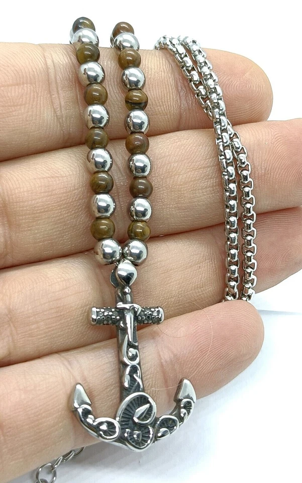 collana girocollo uomo pietra agata vera e acciaio anallergico ciondolo ancora - Immagine 4 di 4