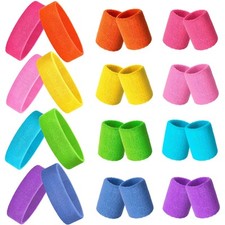 24 Pieces 80s Neon Sweatbands Set, Include 8 Sports Headbands and 16 Sweat Wr...