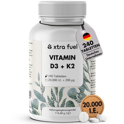 Vitamin D3 + K2 - 240 Tabletten 20.000 I.E. + 200mcg - 100% rein & hochdosiert