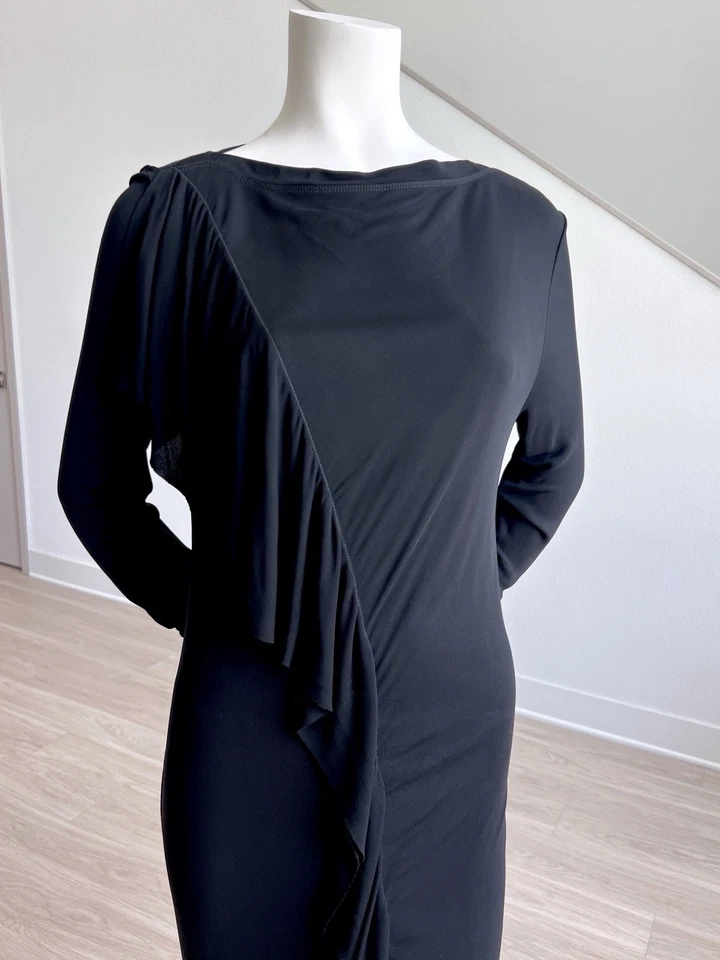 Maxi Vestido Jean Paul Gaultier Elegante Elástico Cascada Manga Larga Negro Talla L Foto 2 de 4