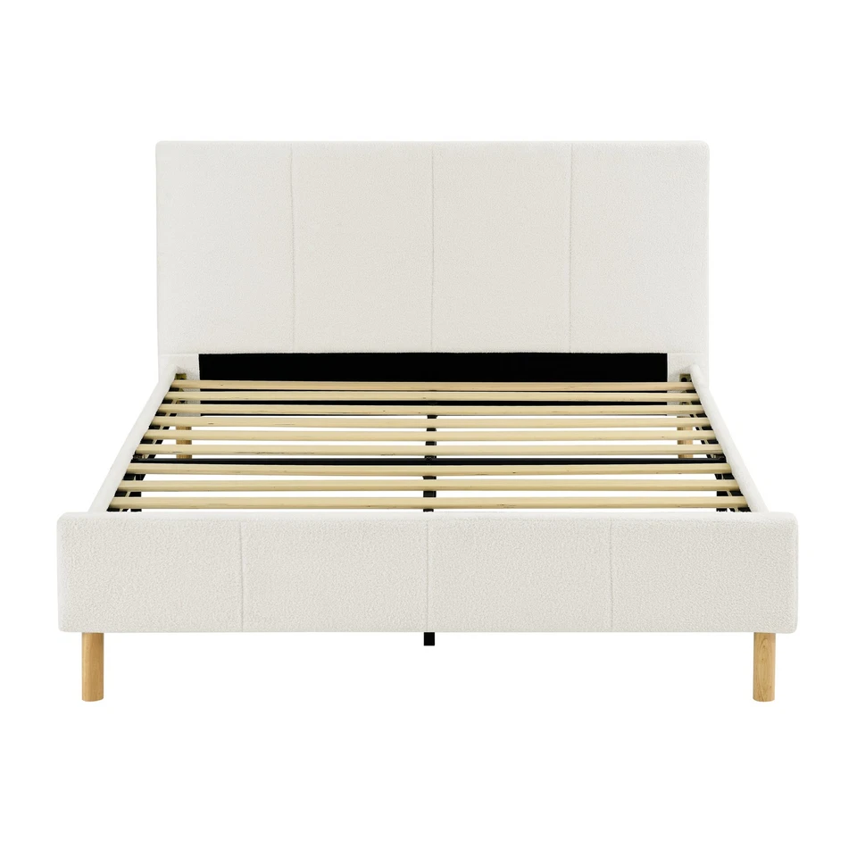 Marco de cama Queen de terciopelo de peluche con cabecero listones de madera soporte pierna central blanco Foto 3 de 4