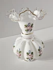 Fenton Charleton Roses Crest Melon Milk glass Ruffle Vase, pink roses with blue