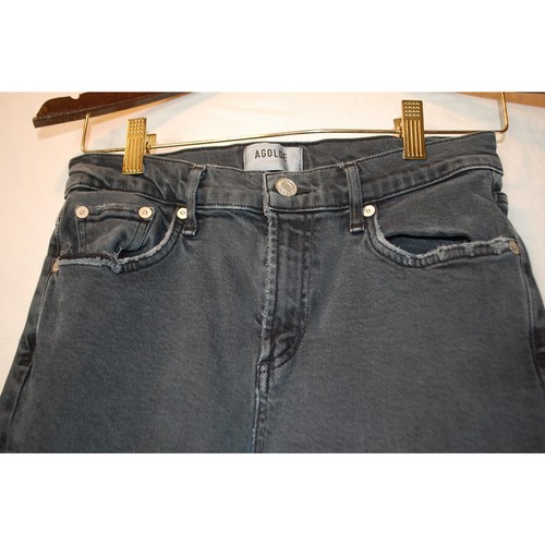 Women's Agolde Toni Black Denim Raw Hem Mid-Rise Straight Distressed Size 26x26 - Picture 4 of 10