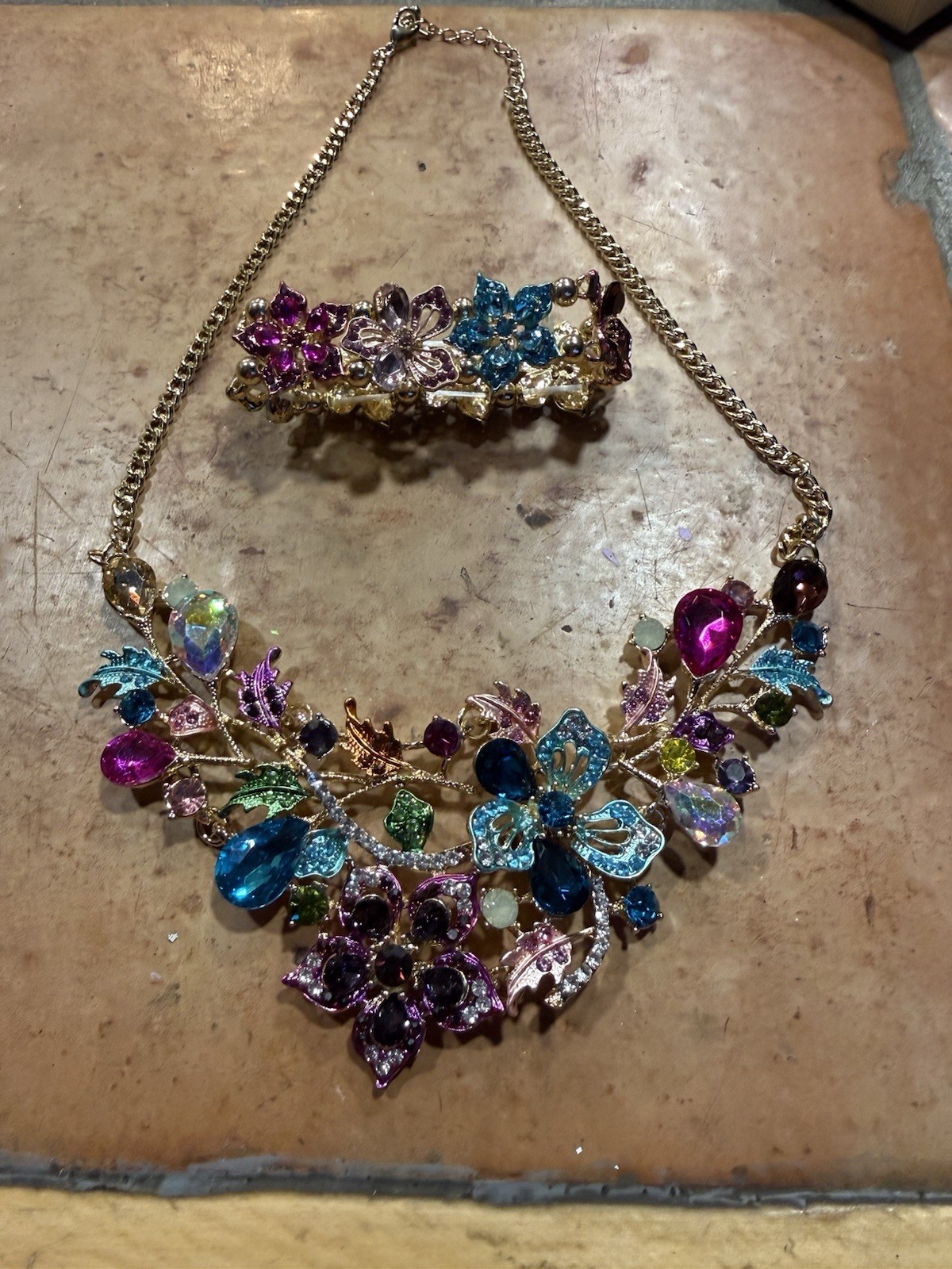 Colorful Rhinestone Flower Statement Necklace And… - image 1
