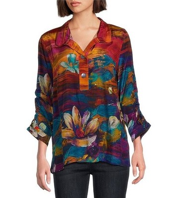Clearance Plus Size 2X John Mark Floral Wire Collar 3/4 Cinch Sleeve Multi Tunic