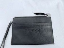 GUESS Black Smooth Faux Leather Logo Zip Wristlet Wallet Clutch Bag,Size 9x6