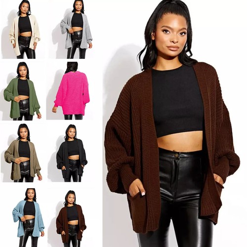 Women's Oversized Knitted Cardigan, Balloon Sleeves, Baggy Short Style, UK 8-24 - 第 1/17 張圖片