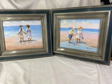 P Watkins Pair (2) Children On Beach Original Oil Paintings 10x8 Framed Nautical
