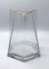 Clear Textured Glass Vase Gold Rim Geometric Hexagonal Base to Triangle, 6.25  