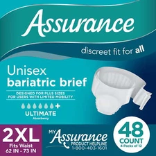 Assurance Maximum Absorbency Briefs, Unisex, 2XL, 12 Ct, 4 Pks, 48 Total