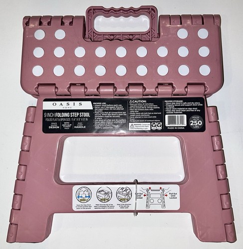 Pink Folding 9" Step Stool Lightweight Anti Slip Rubber Pads Easy Care Handle - Picture 2 of 19