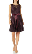 S.L. Fashions Women's Petite Tea Length Tuck Neck Fit and Flare Purple Dress 12P