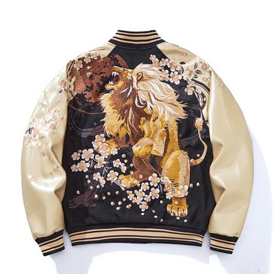 Mens Japanese Pattern Embroidery Lion Beast Varsity Souvenir Jacket PU Sleeves