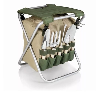 7-piece Gardening Tool Set with Zippered Detachable Tote and Folding Stool Seat