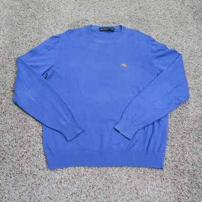 Etro Sweater Men Small Blue Crewneck Pullover Ribbed Stretch Casual Italy Cotton