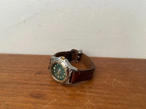 Vintage Timex Indiglo Watch Women's Gold Tone Brown Leather Band Green Dial