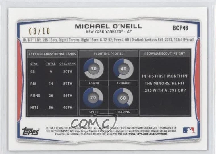 2014 Bowman Chrome Prospects Carbon Fiber Refractor /10 Michael O'Neill #BCP48 - Image 2 of 2
