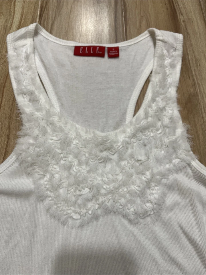 Camiseta sin mangas para mujer ELLE talla pequeña blanca boho imitación piel elástica acanalada Foto 3 de 4