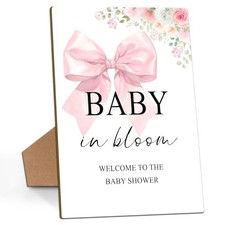Pink Bow Baby Shower Sign, 8x11 Wooden Tabletop Sign with Stand, Modern Baby