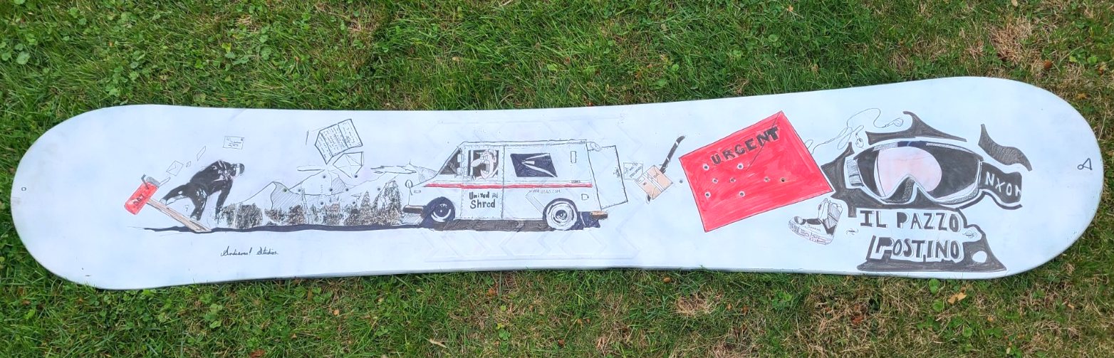 Vtg Burton "Il Pazzo Postino" snowboard deck, custom art by Andiamo! Studios