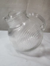 Vintage Hazel Atlas Clear Ribbed Tilted Ball Pitcher Glass Ice Lip Mid Century