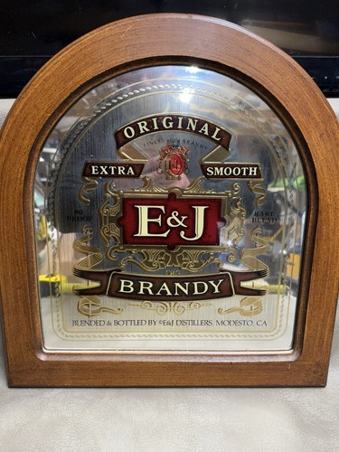 Vintage E&J extra glatt Brandy Holz gerahmt Bar Spiegel Schild 17x18" abgerundet
