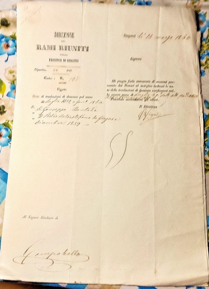 REAL SERVIZIO E DIR.RAMI RIUNITI PROV. AGRIGENTO MARZO 1860 ULTIMI MESI BORBONE. - Immagine 3 di 4