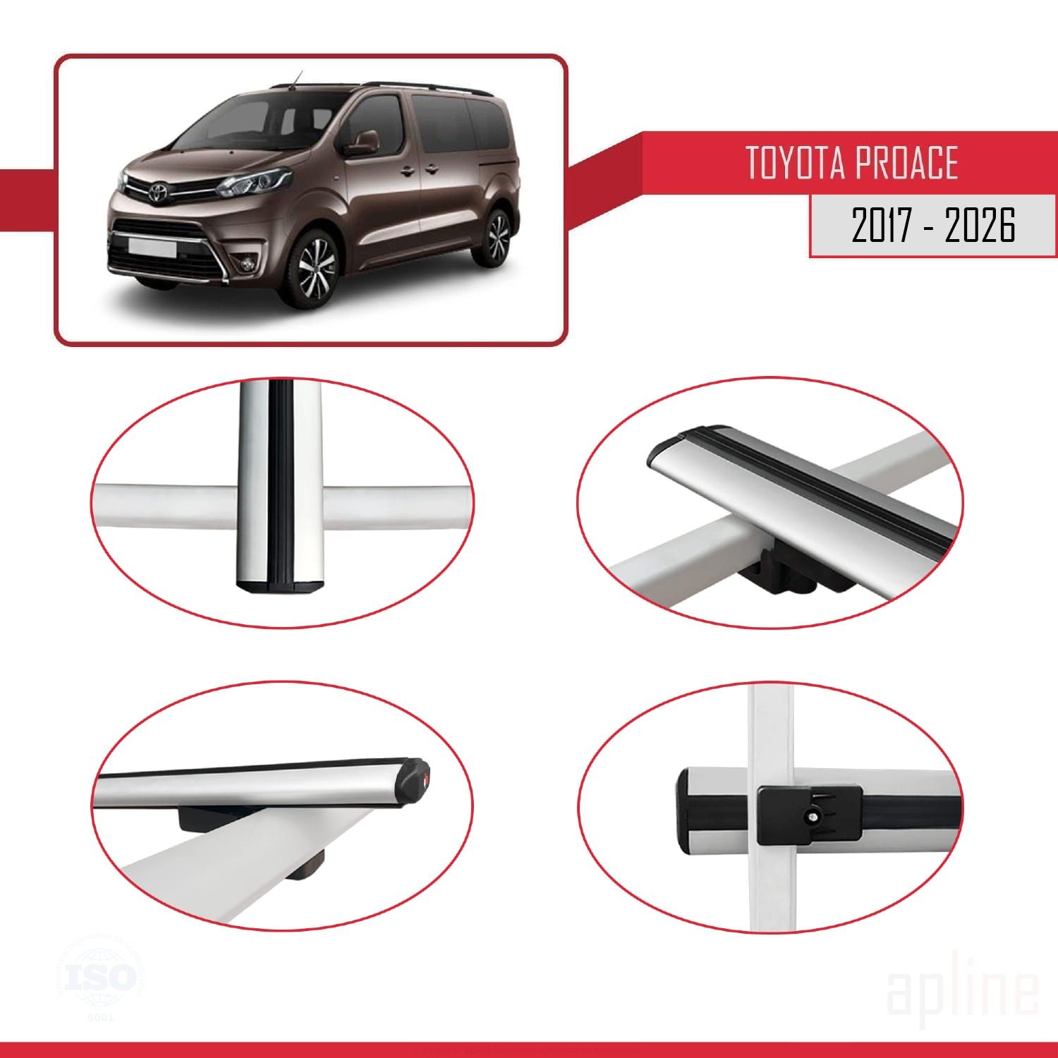 Barres de toit gris aluminium pour Toyota Proace 2017-2026 modèle Basic