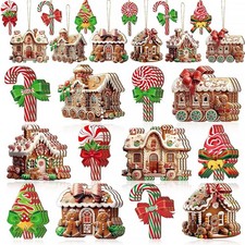 12Pcs Christmas Wooden Ornaments Gingerbread House Tree Decorations with Cand...