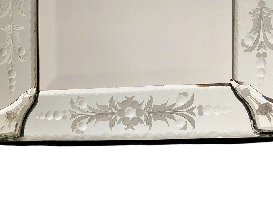 Antique Venetian Floral Etched & Beveled Glass Mirror, Foliate Cresting 30”x15” - Image 4 of 4