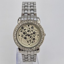 Women's Watch 35MM Cream Flowers Dial Gray Bracelet Band 7" Wrist New Battery