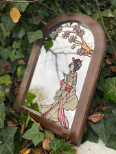 Miroir vintage Cadre Bois Peinture Geisha Fleur Cerisier Art Déco Style Oriental