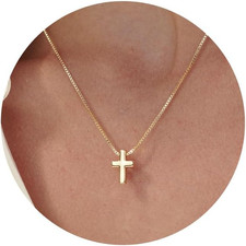 14K Gold Plated Cross Pendant Necklace on Box Chain for Women
