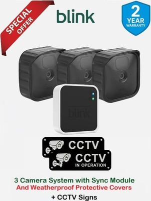 Blink Gen 3 Wireless HD Security 3 Kamerasystem, Schutzhüllen + CCTV Schilder