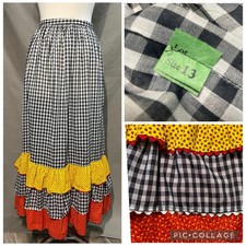 Vintage 1970  s Gingham Floral Tiered Skirt Mixed Patterns Size 25/26