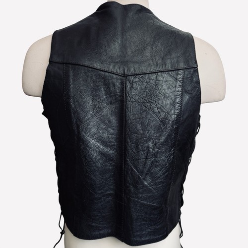 UNIK Men's Black Leather Motorcycle Vest Sz 42 Snaps Lace-Up Sides Pockets Biker - Picture 13 of 19
