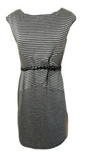 AA STUDIO Retro Knit Dress 6 Gray Black stripe Belted knee length Sheath Cap slv