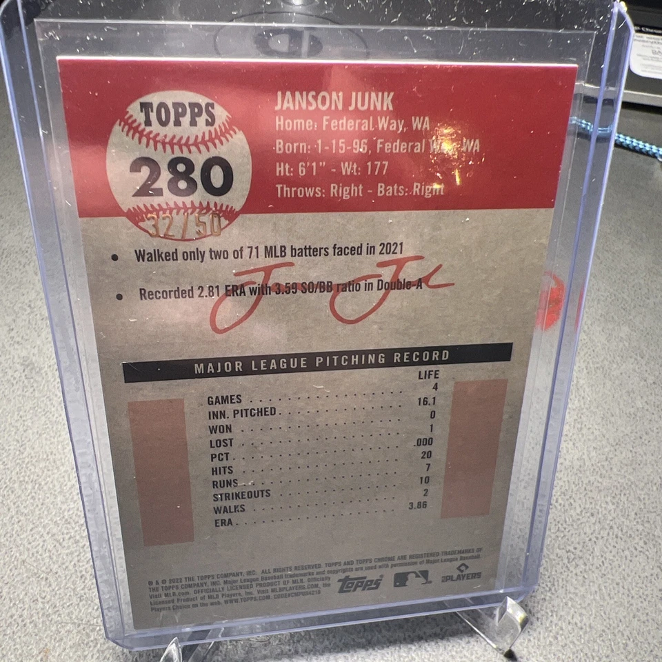 Janson Junk RC 2022 Topps Chrome Platinum Toile Cream/Gold Refractor /50 #280 - Image 2 of 3