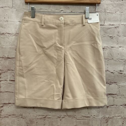 EXPRESS Womens Shorts Bermuda Mid Rise Flat Front Cuffed Hem Beige Size 0 NEW