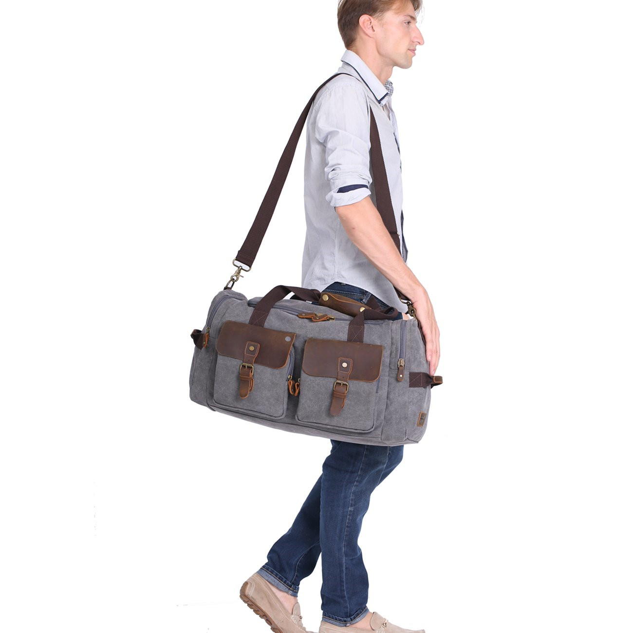 wowbox duffle bag weekender bag for men genuine leather canvas travel overnight