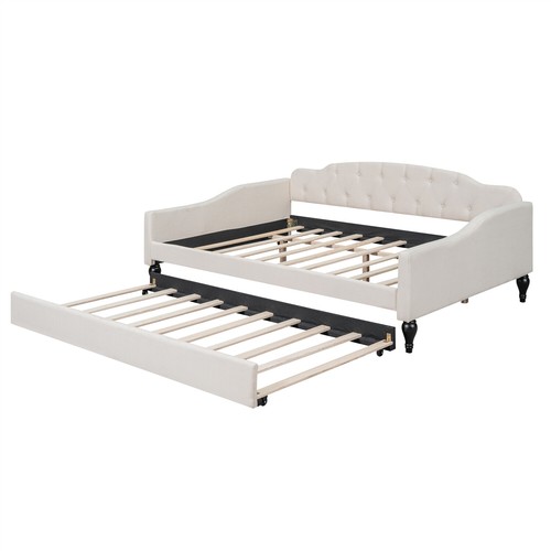 Full Size Daybed with Pull Out Trundle Bed Upholstered Bed Frame Sofa Bed Beige - Picture 9 of 18