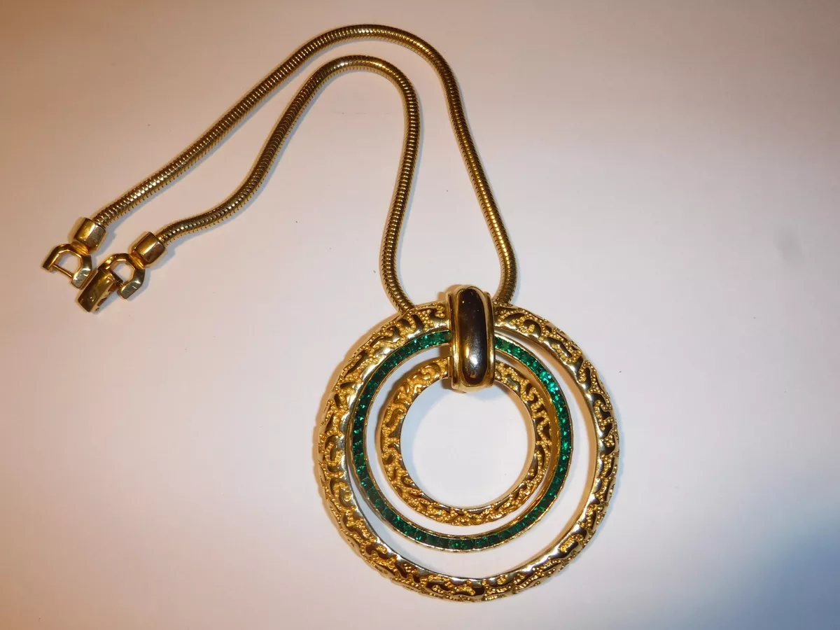Vintage Castlecliff Pendant Necklace Huge 3 Ring Green Crystal