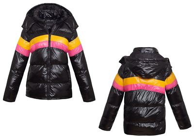 Damen gesteppter Kapuzenpuffer Farbe Blockglanz schwarz warm Jacke Mantel