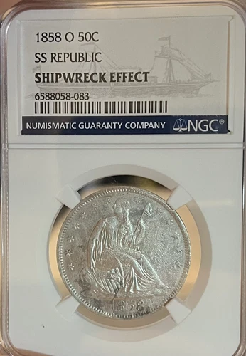 1858-O SS Republic NGC Shipwreck Effect! Seated Liberty Half Dollar
